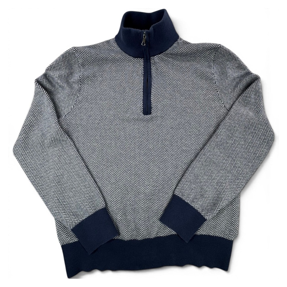 Brooks Brothers Mens Navy Herringbone 1/4 Zip Cotton Sweater Mock Neck Medium